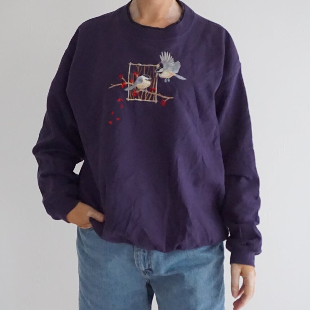 Vintage Top Stitch Purple Knit Bird Branch Embroidered Crewneck Sweatshirt 2X